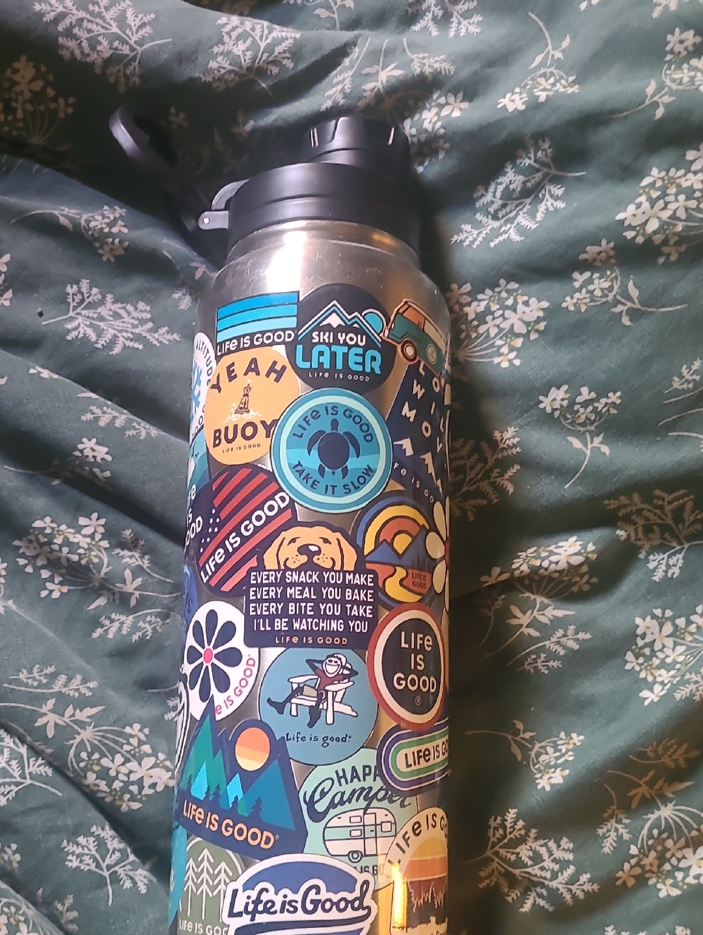 Life Is Good Stainless Steel Water Bottle with Blue, Black, Yellow Sticker Art